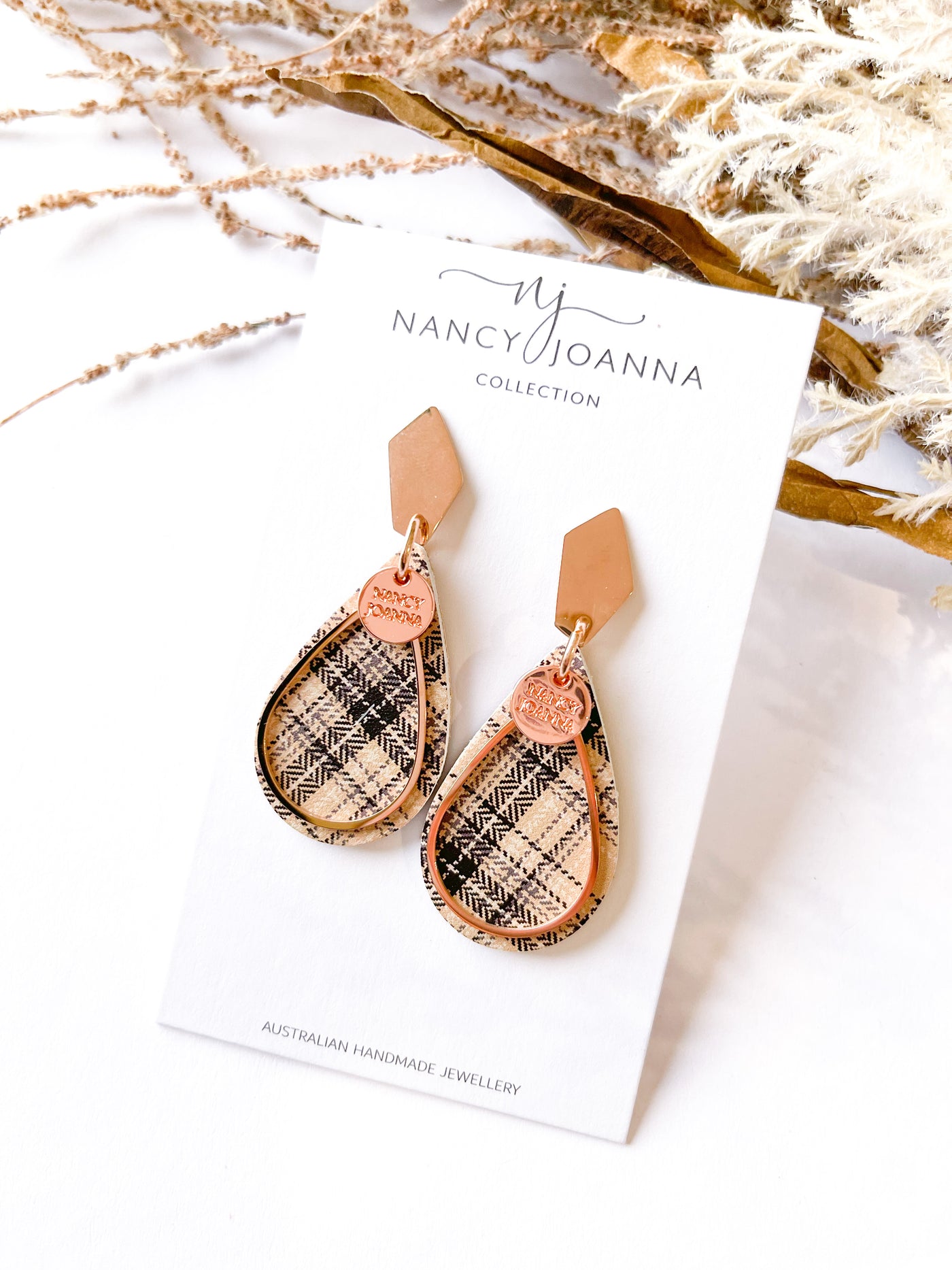 Mini Natural Brown Plaid Teardops Nancy Joanna