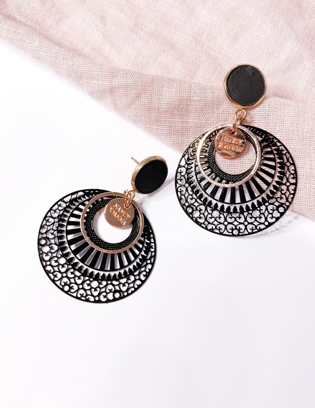 Black Concrete & Fancy Round Lace Earrings Nancy Joanna