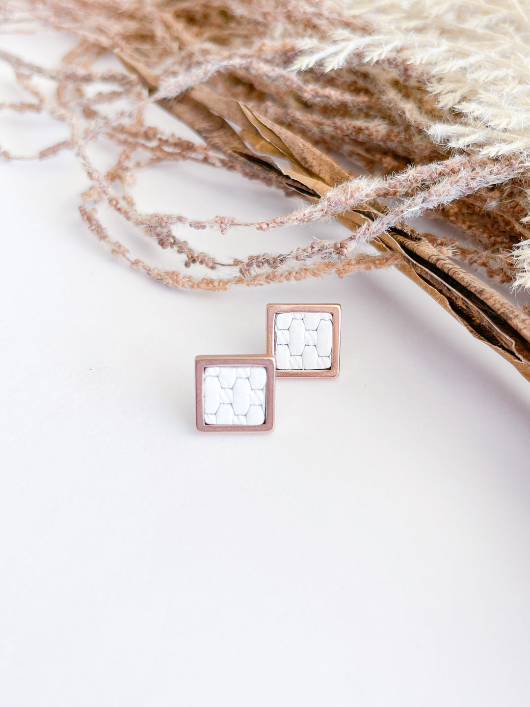 White Woven Square Bezel Studs Nancy Joanna